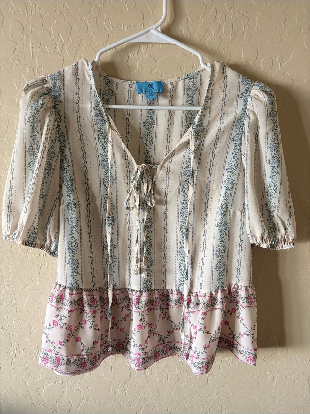 CeCe Cream Peasant Tunic with Blue Stripes and Pink Floral Hem Medium